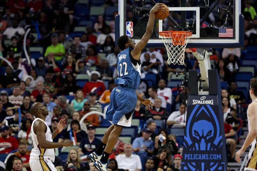 Mar 29, 2015; New Orleans, LA, USA; Minnesota Timberwolves forward Andrew Wiggins (22) dunks the ball against the New Orleans Pelicans during the first half of a game at the Smoothie King Center. Mandatory Credit: Derick E. Hingle-USA TODAY Sports